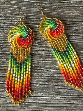 Oaxaca Long Dream Catcher Warm Tone Beaded Pierced Earrings On French Wires